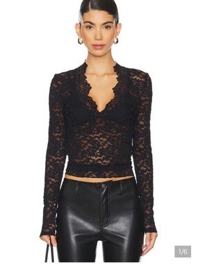 Free People Sheer Black Scalloped Lace V-Neck Top